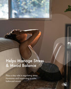 Person relaxing on a couch with text about stress management and mood balance.